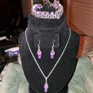 Purple & Silver-tone Flip Flop Necklace &  Matching Earrings With Suen Bracelet